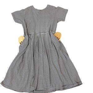 VTG 80s 90s Herman Geist Short Sleeve Button Back Striped Pleated Dress L #294A